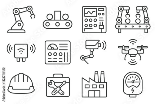 Smart Factory Icons. Line style icons of Smart Factories: robotic arm, conveyor belt, control panel, assembly line; sensor array,