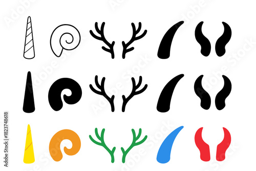 Mystical Horn Icons. Linear minimalistic mystical horns icon: unicorn horn, ram horn, stag antlers, dragon horn, demon horn, faun
