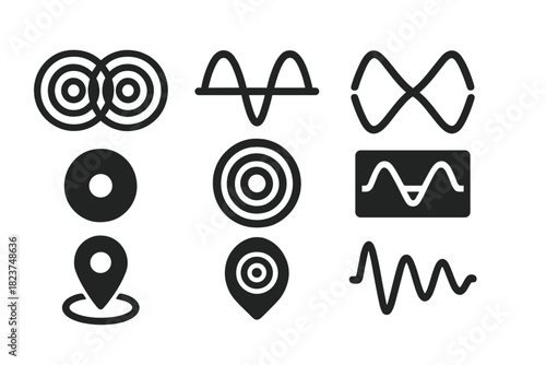 Acoustic Wave Interference Icons. Solid style icons of acoustic wave interference: overlapping wave rings, constructive boost icon