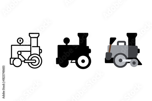 Minimalistic Locomotive Icons. Linear minimalistic locomotive icon: steam cylinder, flywheel, coal shovel, pressure gauge,