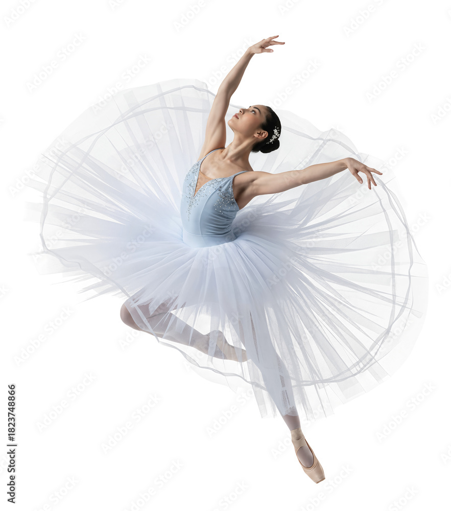 Naklejka premium Young Asian female ballet dancer in soft pastel costume twirling elegantly