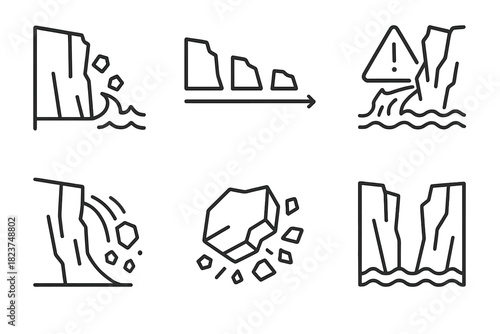 Ice Collapse Icons. Line style icons of retreat and collapse events: ice cliff collapse symbol, fast retreat timeline, warning