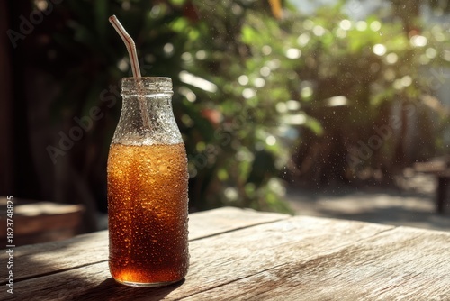 Refreshing Iced Tea in Glass Bottle on Rustic Wooden Table, Sunny Outdoor Setting.