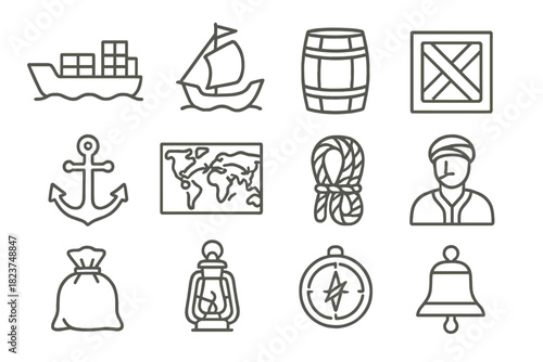 Merchant Fleet Icons. Line style icons of Merchant Fleets: cargo ship, sail, barrel, crate; anchor, trade map, rope coil, merchant