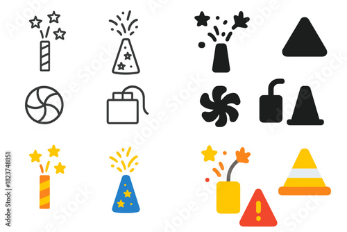 Minimalist Fireworks Icons. Linear minimalistic pyrotechnics icon: roman candle, fountain firework, ground spinner, ignition box,
