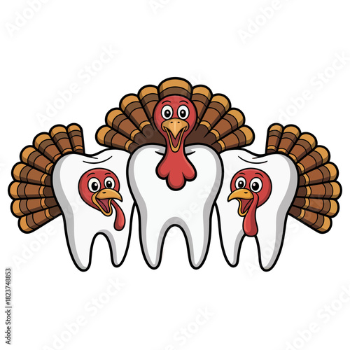 Three cartoon turkeys with feathers shaped like teeth  The whimsical design combines elements of dentistry and Thanksgiving.