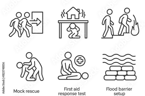 Safety Exercise Icons. Line style icons of drills and simulation exercises: evacuation drill icon, earthquake shake simulation,