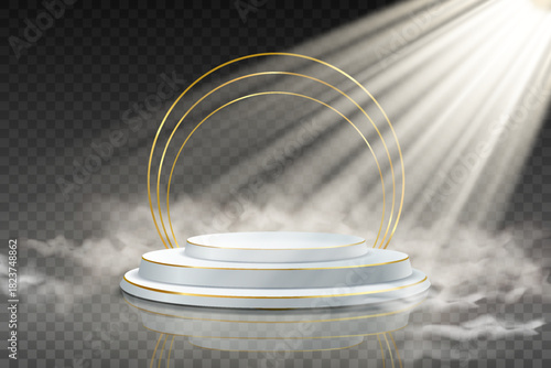 Illuminated stage podium with fog effect background.