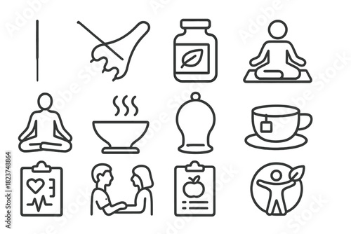 Cross-Cultural Health Icons. Line style icons of Cross-Cultural Health Practices: acupuncture needle, massage tool, herbal jar,