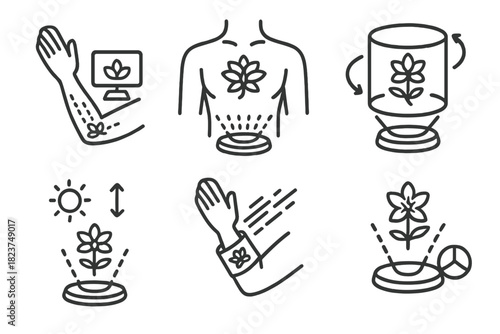 Holographic Tattoo Previews. Line style icons of holographic tattoo previews: arm preview display, chest pattern projection,