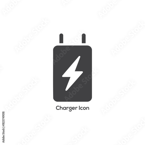 Flat mobile charger icon with lightning bolt, electric adapter symbol for power, energy, charging devices, apps and web interfaces

