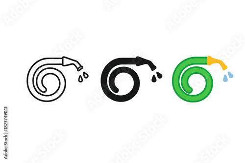 Garden Hose Trio. Minimalist garden hose icon: three identical garden hoses in a row, first in line style with thin outline,