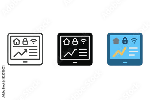 Smart Home Dashboard Icons. Linear minimalistic smart home dashboard icon: tablet screen, status icons, remote access, energy