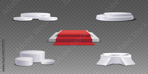 White realistic 3d podium collection for product display and presentation design.