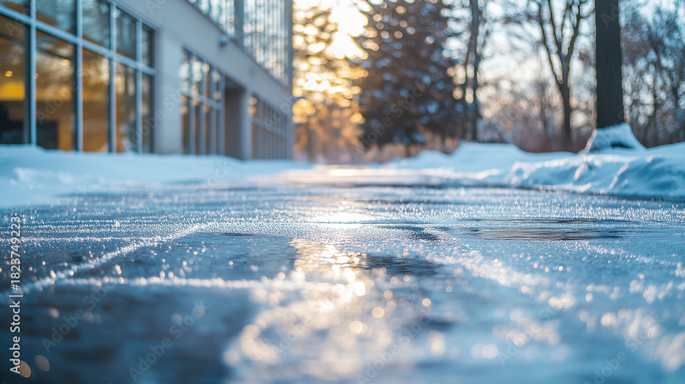 Naklejka premium Icy Sidewalk in Front of Building Entrance During Winter, dangerous icy sidewalk near building, ice covered cobblestones in winter, generative ai