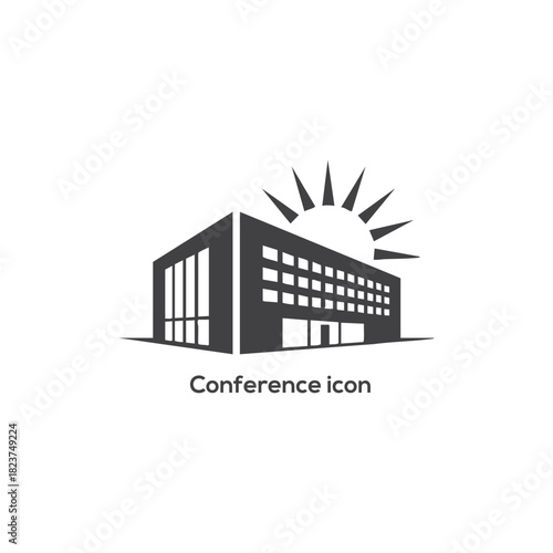 Modern Conference Center Building Icon with Rising Sun, Business Event Venue Symbol for Corporate Meetings, Seminars and Exhibitions Illustrations

