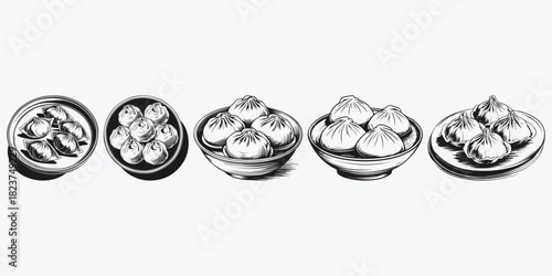 dumplings in a bowl sketch illustration vector set