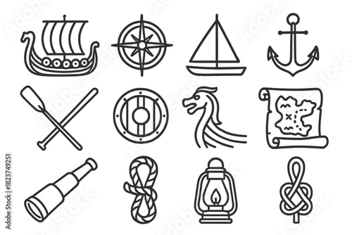Seafaring History Icons. Line style icons of Seafaring History: Viking ship, compass, sail, anchor; oar, shield, dragon prow, map