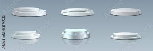 White realistic 3d podium collection for product display and presentation design.