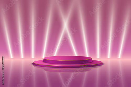 Glowing neon podium background, spotlights and beam spotlights.
