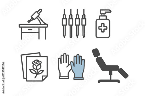 Tattoo Convention Icons. Linear minimalistic body art convention icon: tattoo station, needle kit, sanitizer bottle, design