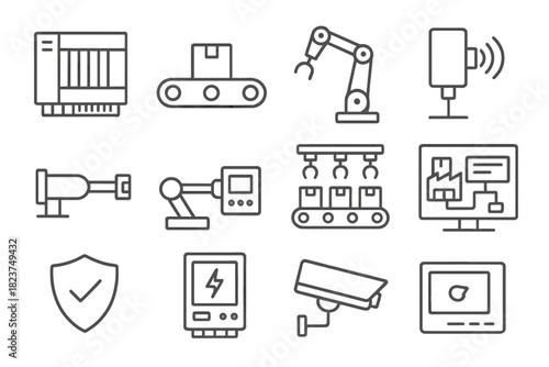 Industrial Automation Icons. Line style icons of Industrial Automation: PLC controller, conveyor belt, robotic arm, sensor;