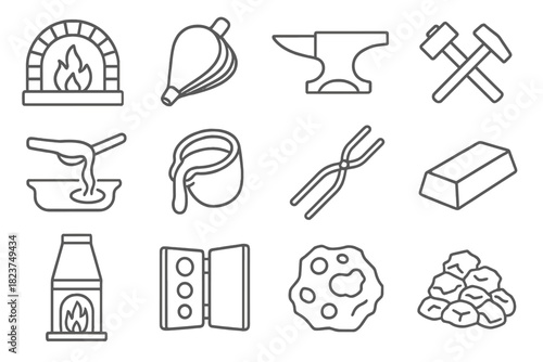 Ancient Metallurgy Icons. Line style icons of Ancient Metallurgy: forge, bellows, anvil, hammer; molten metal, crucible, tongs,