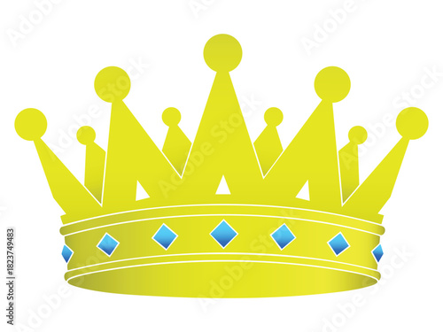 Stylized golden crown with vibrant blue diamond gems, symbolizing royalty, success, victory, and leadership on a white background.