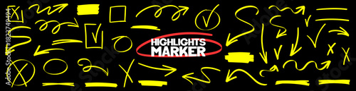 Handmade arrow notes and underline brush strokes enriched with marker texture and glowing highlight touches. Reused arrow and underline strokes blend with marker detail and light highlight brush art.