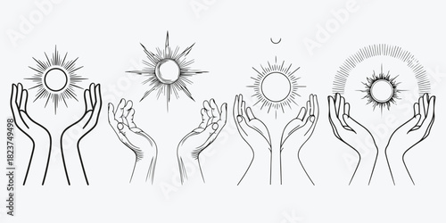 two open hands holding sun sketch illustration vector set