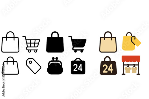 Minimal Shopper Icons. Linear minimalistic shopper icon: tote bag, shopping cart, price sticker, coin purse, booth number sign,