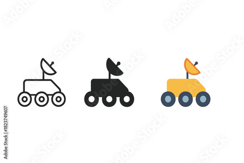 Minimalist Moon Rovers. Minimalist moon rover icon: three identical lunar rovers in a row, first in line style with thin outline,