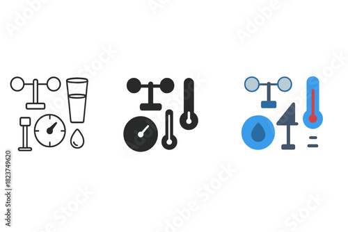 Climate Monitoring Icons. Linear minimalistic climate monitoring icon: anemometer cup, rain gauge cylinder, barometer dial,