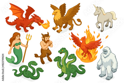 Mythical Creatures Collection. Isometric vector illustration set of Mythical creatures: fire-breathing dragon, winged griffin,