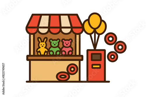 Amusement Park Icons. Linear minimalistic amusement games icon: game booth, prize shelf, ticket machine, stuffed animals, balloon