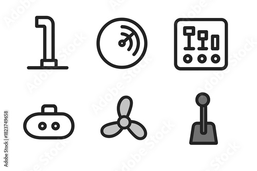 Submarine Systems Icons. Linear minimalistic submarine systems icon: periscope, sonar screen, ballast control panel, hull section,