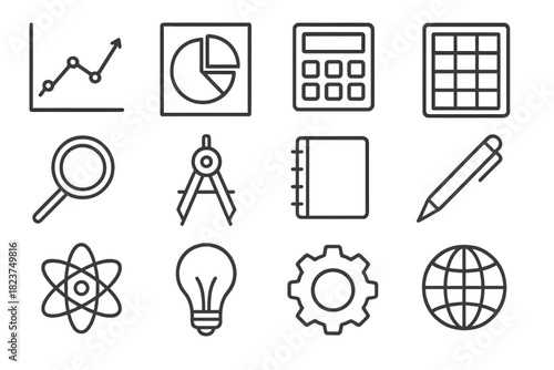 Data Analysis Icons. Line style icons of Data Analysis: Graph, Chart, Calculator, Spreadsheet; Magnifying Glass, Compass, Notebook