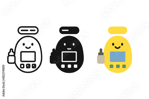 Digital Pet Icons. Linear minimalistic digital pet icon: happiness meter, health bar, feeding tool, grooming brush, mini game