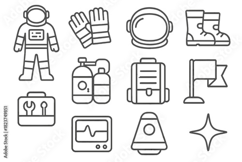 Astronaut Equipment Icons. Line style icons of Astronaut Equipment: Space Suit, Helmet, Gloves, Boots; Oxygen Tank, Backpack, Flag