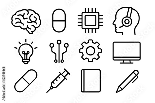 Cognitive Tools Icons. Line style icons of Cognitive Enhancement: Brain, Tablet, Chip, Headset; Light Bulb, Circuit, Gear, Monitor