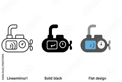 Minimalistic Submersible Icons. Linear minimalistic submersible systems icon: periscope lens, sonar monitor, ballast gauge,