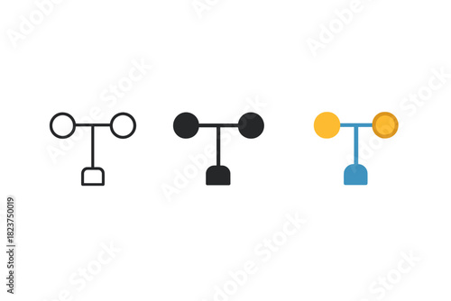 Anemometer Icon Variations. Minimalist anemometer icon: three identical wind measuring anemometers in a row, first in line style