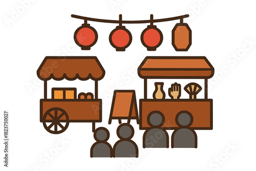 Evening Market Icons. Linear minimalistic evening market icon: snack cart, paper lanterns, handmade souvenirs, signage board,
