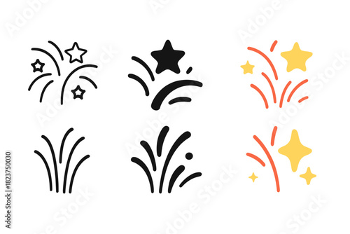 Minimalist Pyrotechnic Icons. Linear minimalistic pyrotechnic effects icon: burst pattern, star effect, comet trail, spark shower,