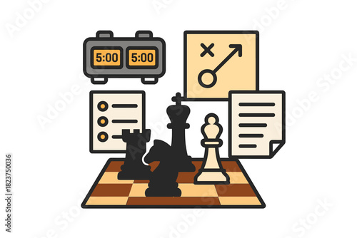 Minimalistic Chess Icons. Linear minimalistic chess event icon: chessboard, digital clock, leaderboard, strategy layout, notation