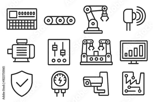 Industrial Automation Icons. Line style icons of Industrial Automation: PLC controller, conveyor belt, robotic arm, sensor;