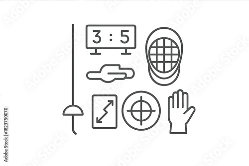 Fencing Lesson Icons. Linear minimalistic fencing lesson icon: training epee, scoring monitor, footwork diagram, fencing mask,