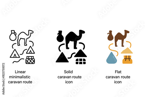 Minimalist Caravan Icons. Linear minimalistic caravan route icon: camel silhouette, trade path map, tent markers, water skin, sand