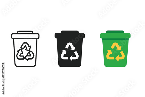 Minimalist Recycling Bins. Minimalist recycling bin icon: three identical recycling bins in a row, first in line style with thin