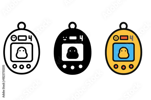 Digital Pet Icons. Linear minimalistic digital pet icon: happiness meter, health bar, feeding tool, grooming brush, mini game